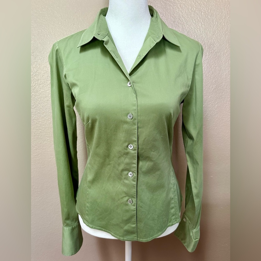 Ann Taylor Stretch Button Down Shirt Green Size 4 Petite